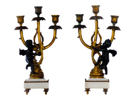 Gorgeous antique pair French couple cherub candlestick gilded bronze patina 19th