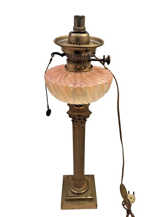 XL baccarat pink bamboo & hinks corinthian bronze mount kerosene oil lamp 19th