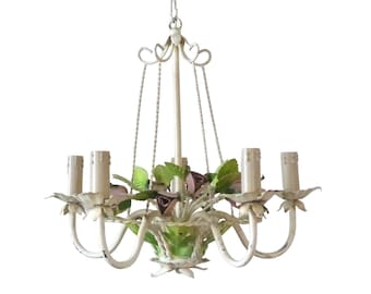 Charming florentine chandelier painted metal tole flowers 60's italian cage