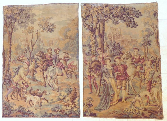 XL large antique french tapestry medieval scenery 68x46" rare pair 19th