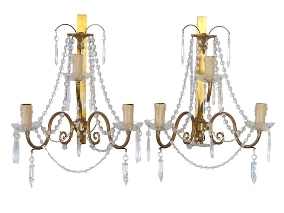 Vintage large xl pair wall light clear crystal drop cup beads 1960 rare sconce