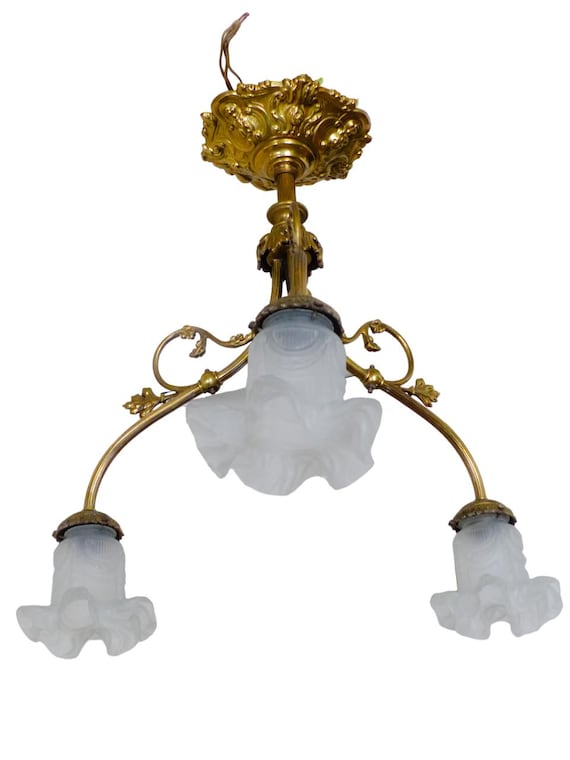 Gorgeous french gilded bronze napoleon iii candlestick 3 fires glass shades 19th