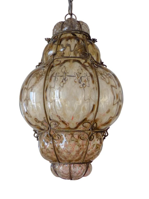 Vintage Murano Glass Caged Lantern, Amber Balloon Pendant Light, Italian Venetian Glass, Brass Wire Cage, Coastal Italian Decor 27.5"H