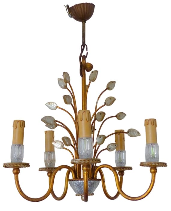 Vintage Italian Banci Firenze Chandelier, Gilt Metal & Crystal, 5-Light Hollywood Regency, Florence Italy Lighting 18"