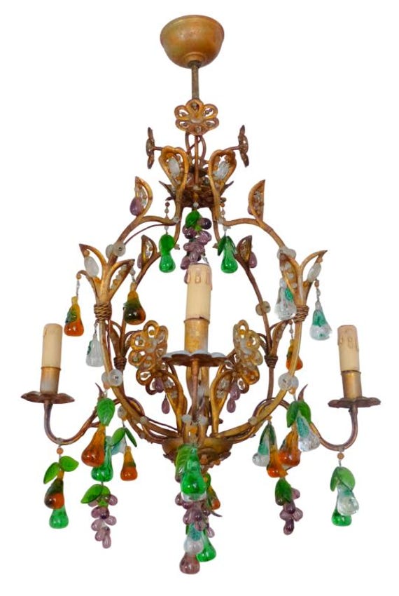 Gorgeous antique chandelier handmade glass drops fruits 1920 murano 4 lights