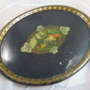 28" antique 19th c. french victorian hand painted tole metal toleware oval tray