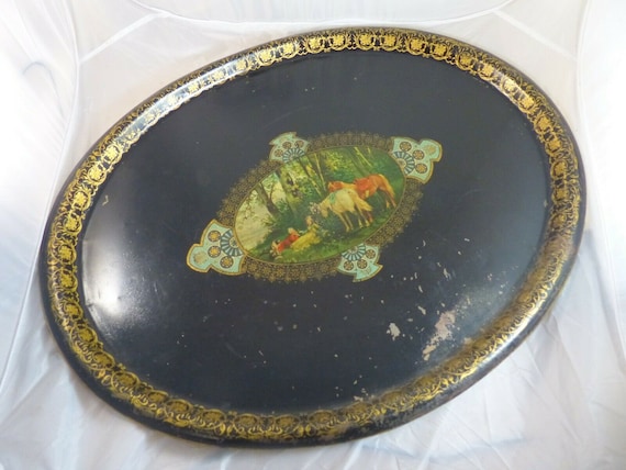 28" antique 19th c. French Victorian hand painted tole metal toleware oval tray