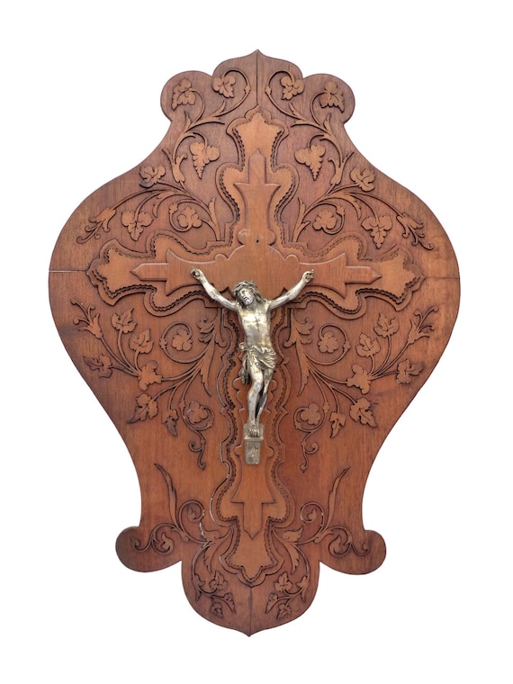 Antique French crucifix wood plaque religious cross frame rare 19th jesus