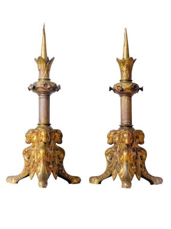 Gorgeous pair large 19th french church altar candlestick gilded bronze & brass