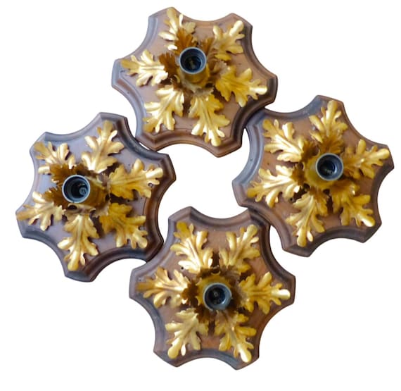 Set 4x banci mid century murano ceiling wall light gilded tole chandelier wood