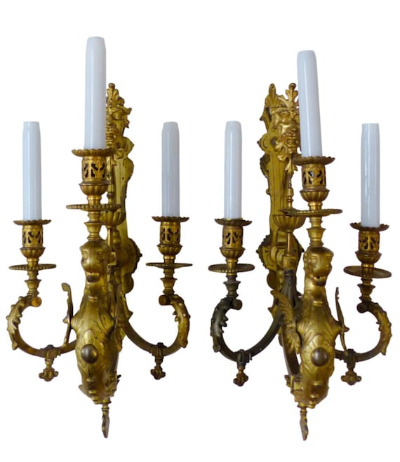 19th century large antique pair French wall light sconce rare mask & chimera bronze