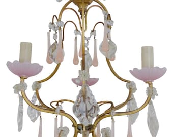 Antique chandelier peachy pink opaline drops cup beads murano rare 3 lights 1930