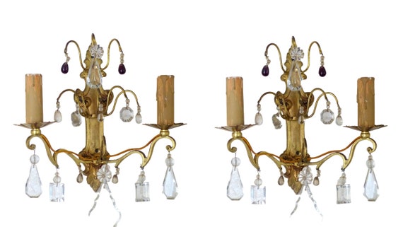 Antique pair French empire wall light sconce 2 lights gilded bronze brass 1900
