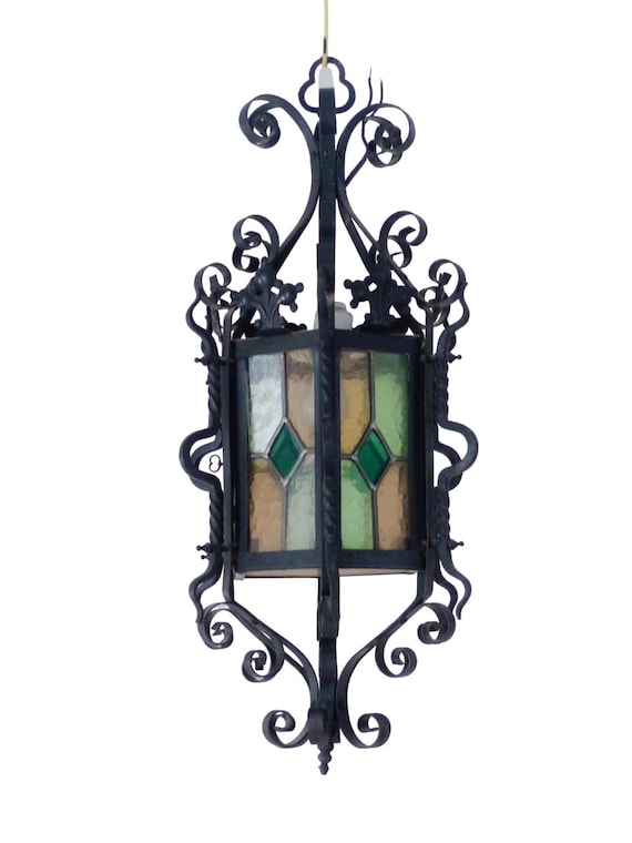 Large antique french hall lantern gothic castle 1900 chandelier stained glass