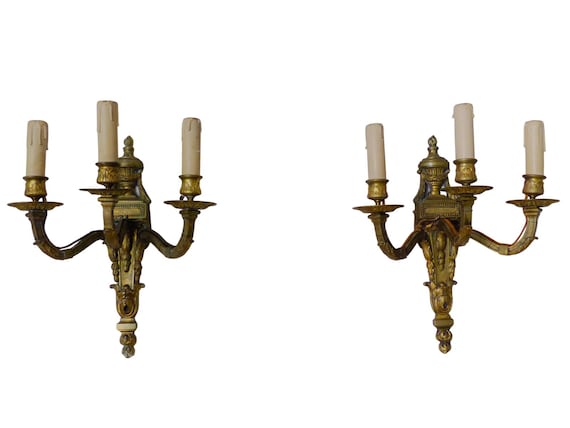 Pair Antique French Louis XVI Style Gilt Bronze Sconces, Neoclassical Wall Lights, 3-Light, Late 19th/Early 20th Century 13.8"H