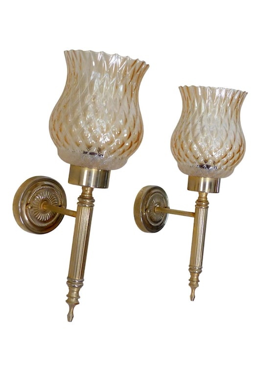 Vintage French pair metal torch wall lights sconce glass lamp 1970 pearly shade