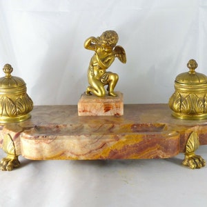 Old inkwell bronze & marble xixè angelot / antique inkwell desk 19th cherub