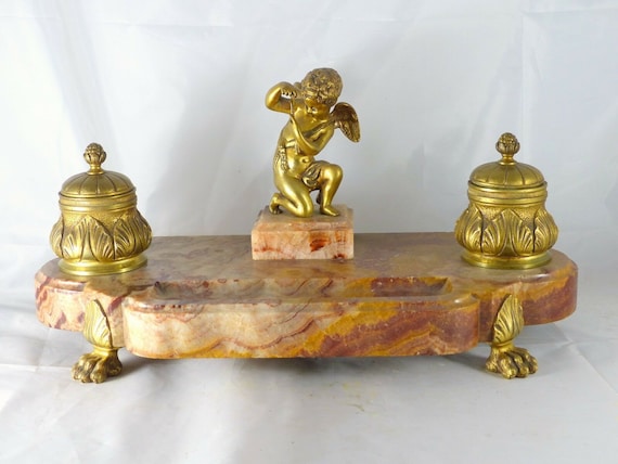 Antique bronze and marble inkwell, 19th century, cherub