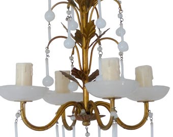 Antique chandelier white opaline drops cup beads 1930 murano rare 4 lights rare