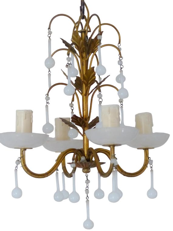 Antique chandelier white opaline drops cup beads 1930 murano rare 4 lights rare