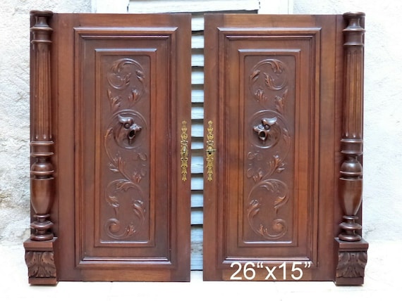 Pair antique french hand carved solid wood doors panels gothic chimera salvage