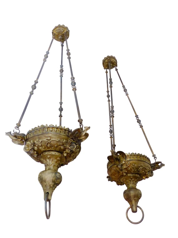 Pair Antique 19th Century French Church Bronze Hanging Lamps Winged Chimeras Ecclesiastical Decor 47"