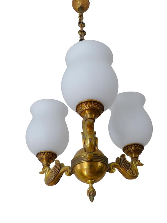 Gorgeous Antique French Swan Chandelier Gilded Bronze Opaline Glass Shades 3-Light Ceiling Lamp