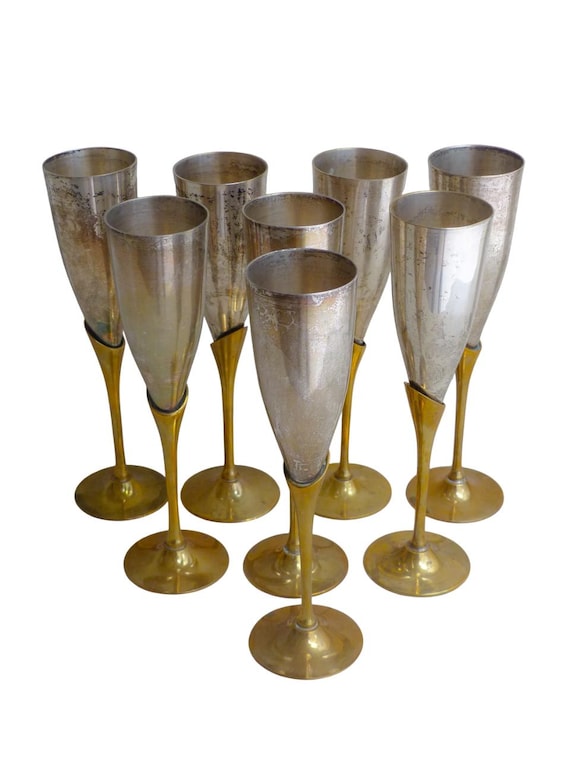 Charming set of x8 vintage champagne flutes brass & silverplated metal 9" - used