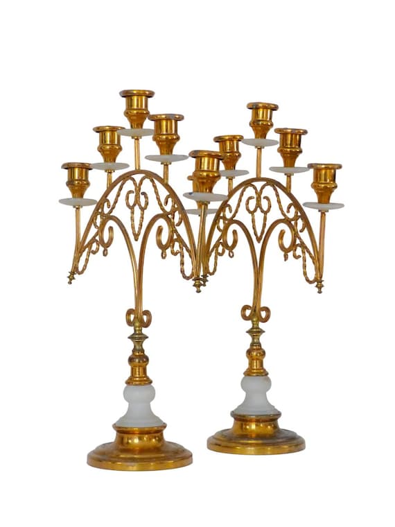 19th gorgeous antique pair french church candlestick gilded brass & alabaster