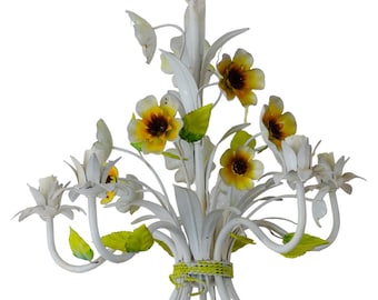 Charming Florentine chandelier tole painted metal flowers 60's italian ceiling