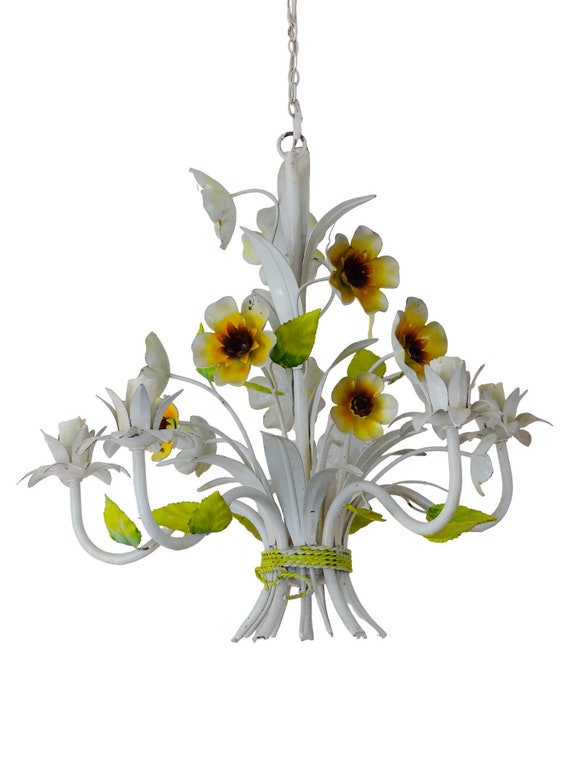 Charming Florentine chandelier tole painted metal flowers 60's italian ceiling