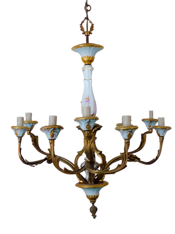 French Sèvres mid-century bronze 9-light chandelier with gilded porcelain - Louis XV