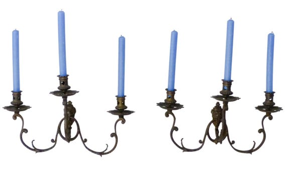 Pair of French 19th Century Bronze & Gilt Brass Lion Head Wall Candle Sconces – Gothic Revival Church Décor