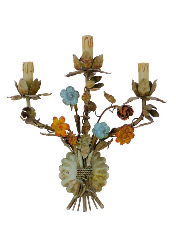 Vintage Enameled Metal Wall Sconce, Floral Bouquet, 3-Light Colorful Painted Flowers, French Country Cottage Lighting 17.3"H