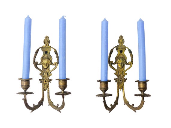 Antique pair of French Empire wall lights, brass and bronze, circa 1900, candlestick style