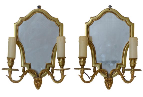 Vintage french pair sconces wall light murano mirror 1960 louis xvi style brass