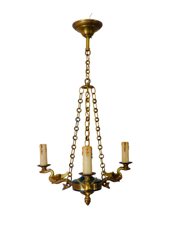 1950s vintage French 3 swans arms ormolu bronze brass chandelier ceiling empire