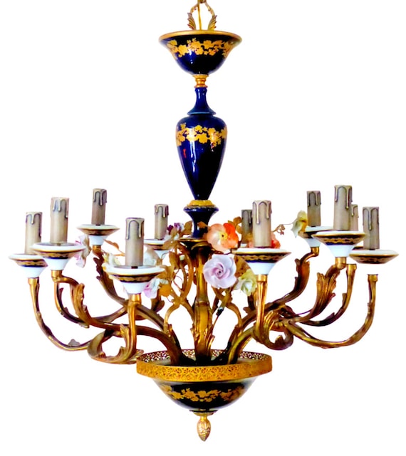 XL 12-Light Sèvres French Mid-Century Chandelier Bronze Cobalt Porcelain Flowers