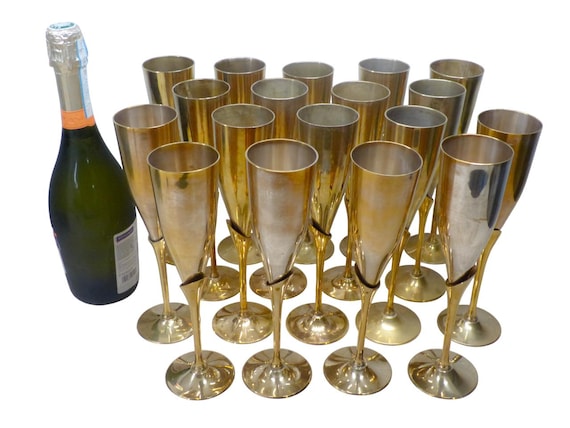 Charming set of x18 vintage champagne flutes brass & silverplated metal 9" used