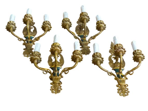 Set of 4 Vintage French Empire Style Gilt Brass Swan Wall Sconces, 3-Light Each, Green Patina Wall Lights, 1950s, 12 Lights Total