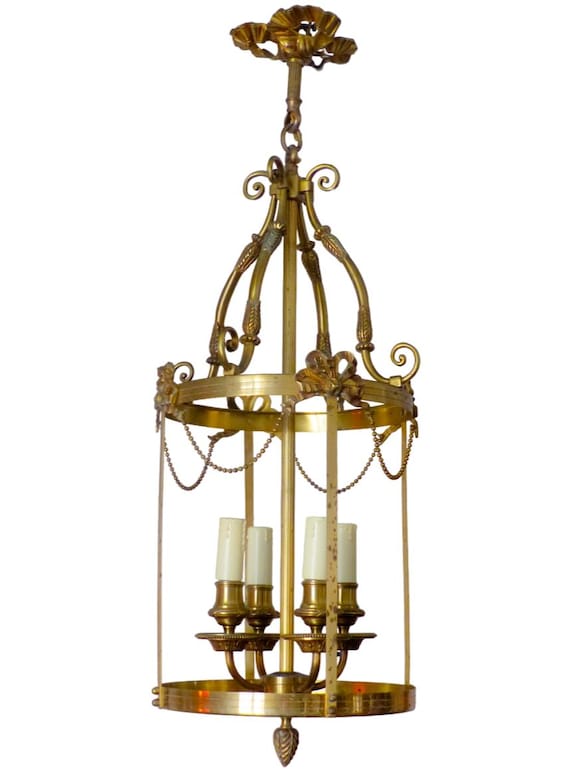 Gorgeous xl vintage hall lantern chandelier gilded bronze brass ceiling ribbon