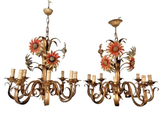 Pair Large 1970s Hollywood Regency Sunflower Chandelier Mid-Century Hans Kogl Style