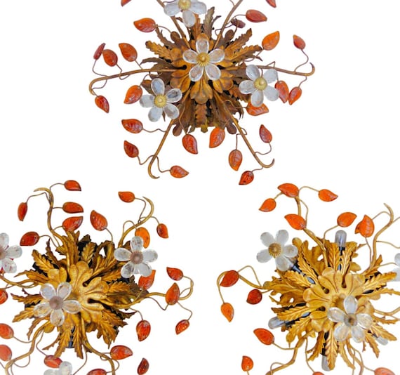 Set of 3 Vintage Italian Banci Flush Mount Lights, Gilt Metal, Amber Glass Leaves, Crystal Flowers, 6-Light Ceiling or Wall 15.7"D