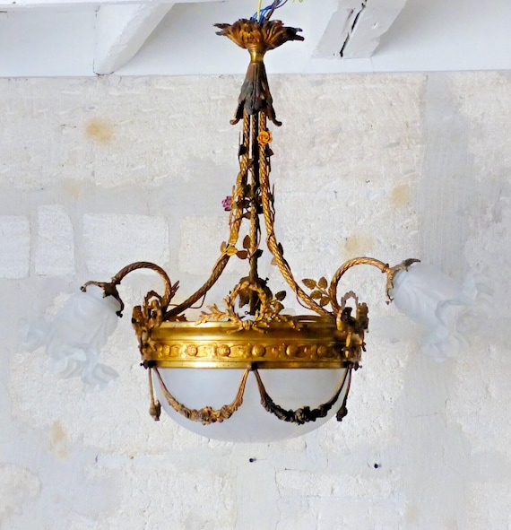 19th century antique French 3-arm ormolu bronze brass chandelier cut crystal ceiling