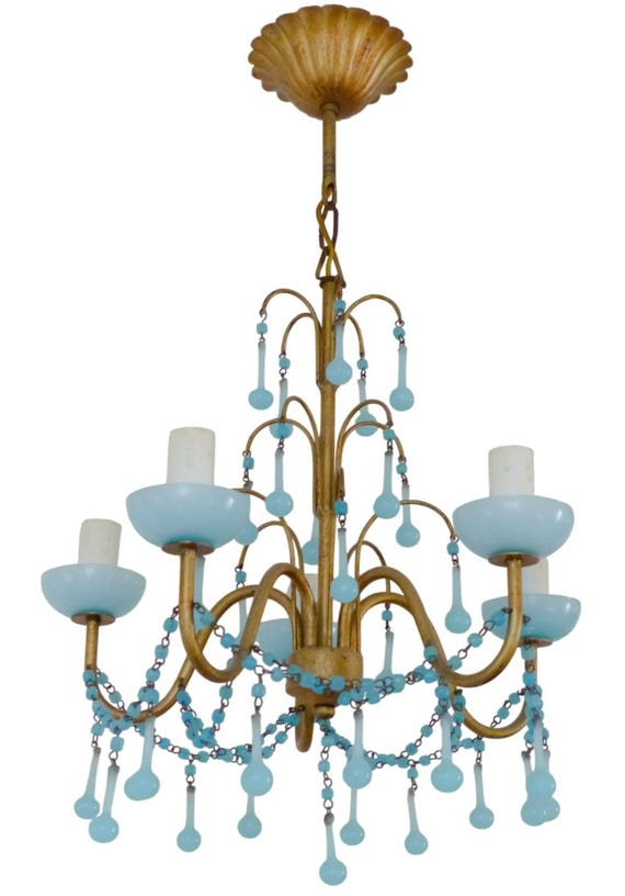 French Vintage Blue Opaline Chandelier, 1950s Gilt Metal Ceiling Light, 5-Light Mid Century Lighting, Blue Glass Drops