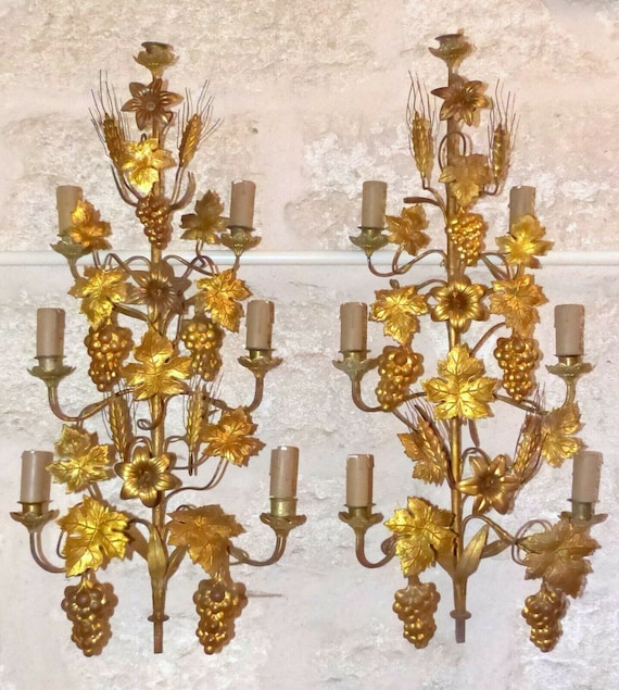 Large antique French pair gilded brass wall light sconces with grapes vine 19th