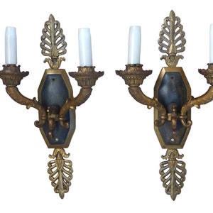 Antique pair French empire wall light sconce 2 lights torch gilded bronze 19th