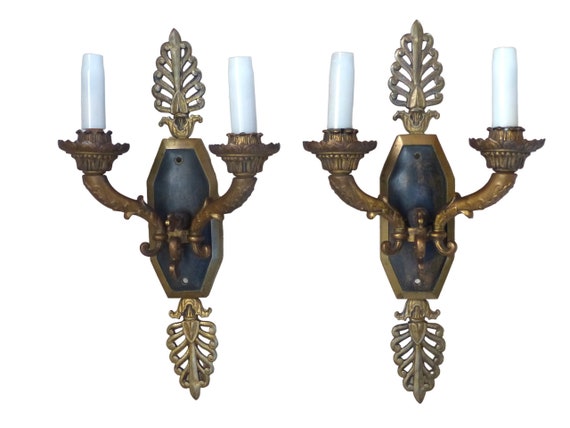 Antique pair French empire wall light sconce 2 lights torch gilded bronze 19th