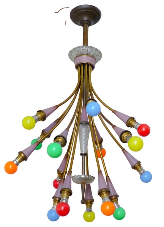 Vintage Italian Sputnik Chandelier, Brass & Pink Lacquer, 15-Light Mid Century Modern, Atomic Starburst Light Fixture 31.5"H