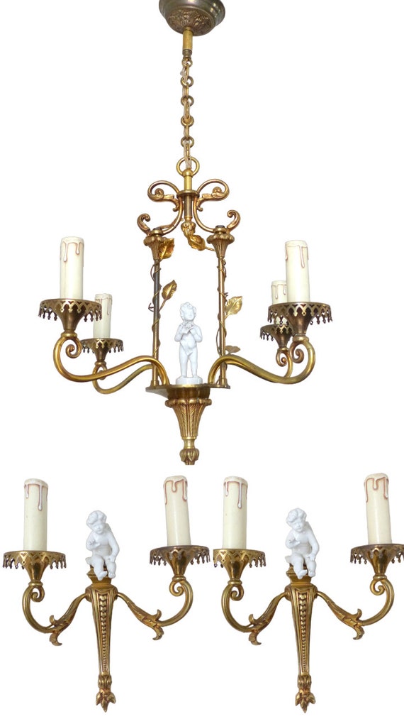 OMG set French antique bronze chandelier pair of porcelain cherub foliage sconces